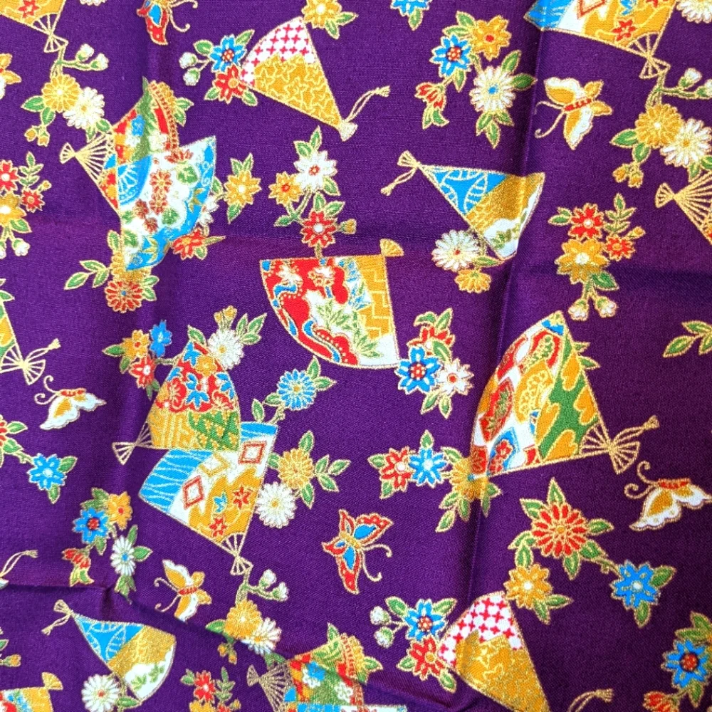 NWOT Vintage Japanese Handkerchief -  Flowers Butterflies Fans